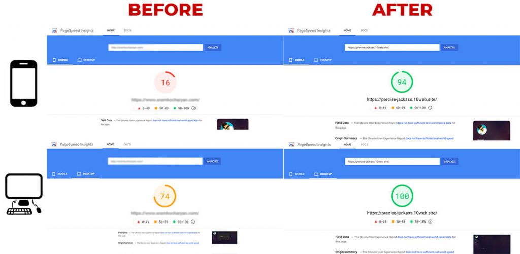 Page Speed Insights Before & After 10Web